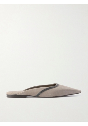 Brunello Cucinelli - Bead-embellished Suede Mules - Gray - IT36,IT36.5,IT37,IT37.5,IT38,IT38.5,IT39,IT39.5,IT40,IT40.5,IT41