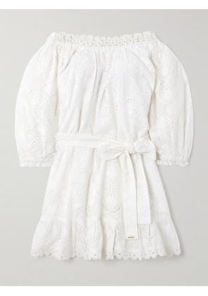 Melissa Odabash - Avi Belted Off-the-shoulder Broderie Anglaise Cotton Mini Dress - White - x small,small,medium,large
