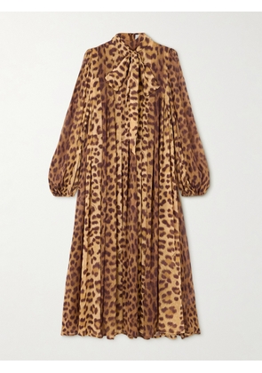 Zimmermann - Crush Tie-neck Pleated Leopard-print Crepe De Chine Midi Dress - Animal print - 00,1,2,3,4