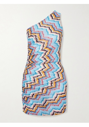 Missoni - One-shoulder Gathered Metallic Striped Crochet-knit Mini Dress - Blue - IT36,IT38,IT40,IT42,IT44,IT46,IT48