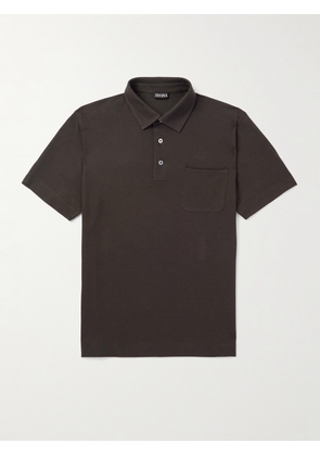 Zegna - Slim-Fit Leather-Trimmed Cotton-Piqué Polo Shirt - Men - Brown - IT 46