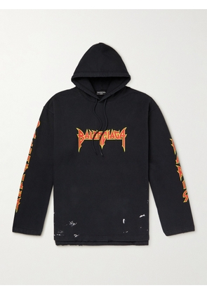 Balenciaga - Logo-Print Distressed Cotton-Jersey Hoodie - Men - Black - XS