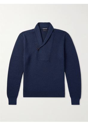 TOM FORD - Slim-Fit Shawl-Collar Ribbed Merino Wool-Blend Half-Placket Sweater - Men - Blue - IT 46