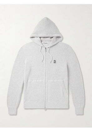 Brunello Cucinelli - Logo-Embroidered Ribbed Cotton Zip-Up Hoodie - Men - Gray - XS