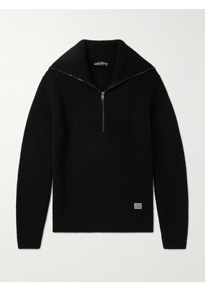 Dolce&Gabbana - Logo-Appliquéd Ribbed Wool Half-Zip Sweater - Men - Black - IT 46