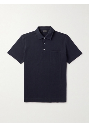 Zegna - Slim-Fit Leather-Trimmed Cotton-Piqué Polo Shirt - Men - Blue - IT 46