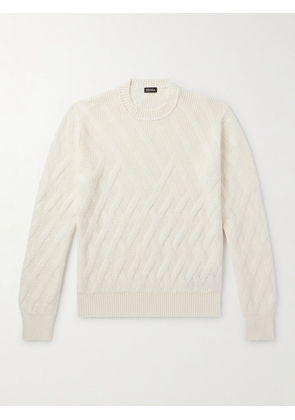 Zegna - Logo-Appliquéd Leather-Trimmed Basketweave Cotton Sweater - Men - Neutrals - IT 46