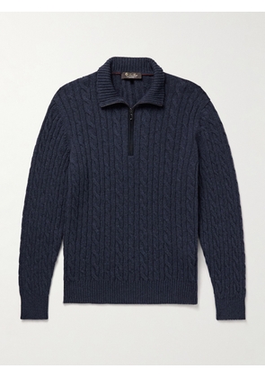 Loro Piana - Slim-Fit Suede-Trimmed Cable-Knit Baby Cashmere Half-Zip Sweater - Men - Blue - IT 46