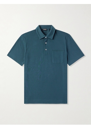 Zegna - Slim-Fit Leather-Trimmed Cotton-Piqué Polo Shirt - Men - Blue - IT 46
