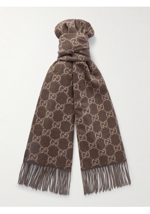 Gucci - Fringed Logo-Jacquard Cashmere Scarf - Men - Brown