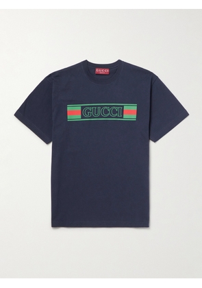 Gucci - Logo-Flocked Printed Cotton-Jersey T-Shirt - Men - Blue - S