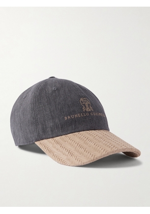 Brunello Cucinelli - Logo-Embroidered Suede-Trimmed Linen Baseball Cap - Men - Gray - M