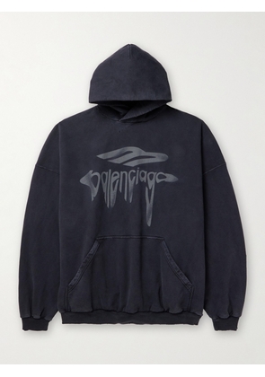 Balenciaga - Oversized Distressed Logo-Print Cotton-Jersey Hoodie - Men - Black - S