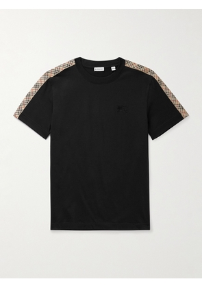 Burberry - Logo-Embroidered Checked Jacquard-Trimmed Cotton-Jersey T-Shirt - Men - Black - XS