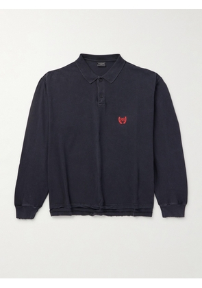 Balenciaga - Laurel Embroidered Distressed Cotton-Piqué Polo Shirt - Men - Black - S