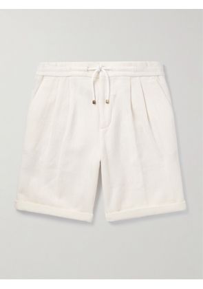 Brunello Cucinelli - Straight-Leg Pleated Herringbone Cotton and Linen-Blend Drawstring Bermuda Shorts - Men - White - IT 44