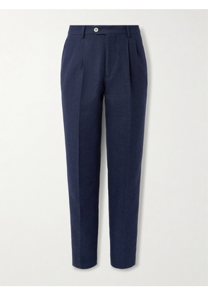 Brunello Cucinelli - Tapered Pleated Striped Linen, Silk, Wool and Cotton-Blend Suit Trousers - Men - Blue - IT 46