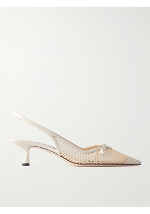 Jimmy Choo - Amita 45 Faux-pearl Embellished Leather-trimmed Mesh Slingback Pumps - White - IT34,IT35,IT35.5,IT36,IT36.5,IT37,IT37.5,IT38,IT38.5,IT39,IT39.5,IT40,IT40.5,IT41,IT41.5,IT42