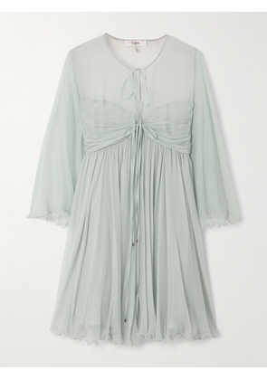 Chloé - Tie-detailed Plissé-silk Mousseline Mini Dress - Blue - FR 34,FR 36,FR 38,FR 40,FR 42