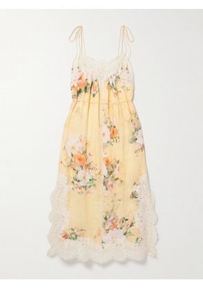 Zimmermann - Everley Belted Lace-trimmed Floral-print Linen Midi Dress - Yellow - 00,1,2,3,4