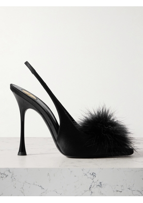 SAINT LAURENT - Paradis Feather-trimmed Satin Slingback Sandals - Black - EU 36,EU 37,EU 37.5,EU 38,EU 38.5,EU 39,EU 40