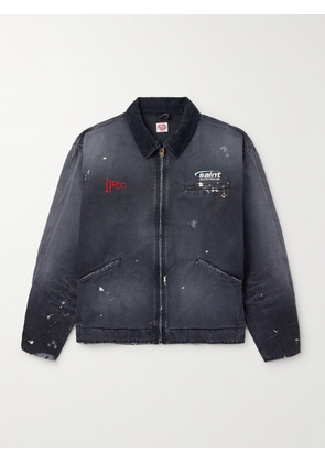 SAINT MXXXXXX - Corduroy-Trimmed Logo-Embroidered Distressed Cotton-Canvas Jacket - Men - Black - S