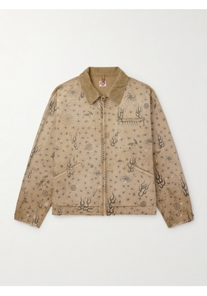 SAINT MXXXXXX - Dr. Woo Corduroy-Trimmed Distressed Printed Cotton-Canvas Jacket - Men - Neutrals - S