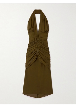SAINT LAURENT - Ruched Silk-crepe Halterneck Dress - Green - FR 38,FR 40