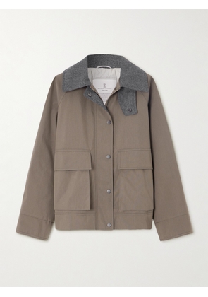 Brunello Cucinelli - Bead-embellished Wool Felt-trimmed Padded Cotton-blend Jacket - Brown - IT38,IT40,IT42,IT44,IT46,IT48,IT50