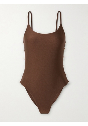 Sara Cristina - Ocean Pearl-embellished Cutout Stretch-econyl® Swimsuit - Brown - x small,small,medium,large,x large