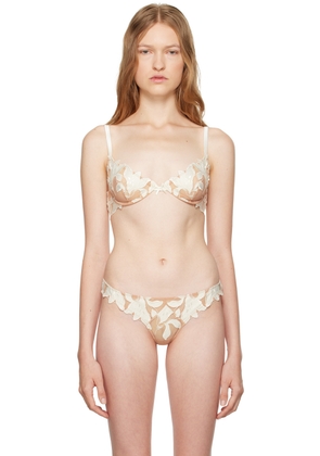 Fleur du Mal Beige & White Lily Embroidery Plunge Demi Bra