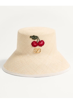 Valentino Garavani VLOGO SIGNATURE STRAW BUCKET HAT WITH LEATHER TRIM AND CHERRYFIC EMBROIDERY Woman NATURAL/MULTICOLOUR L