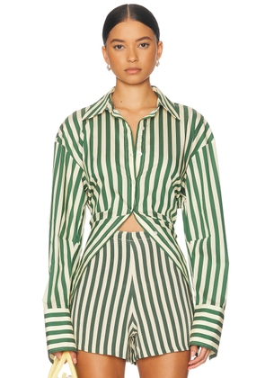 SIMONMILLER Loch Poplin Button Up Top in Gummy Green & Ecru - Green. Size XS (also in ).