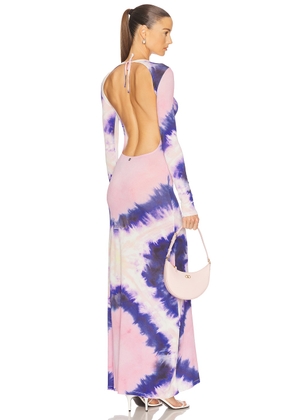 RABANNE Long Sleeve Open Back Maxi Dress in Tie & Dye Pink - Blush,Blue. Size 36 (also in 38, 40, 42).