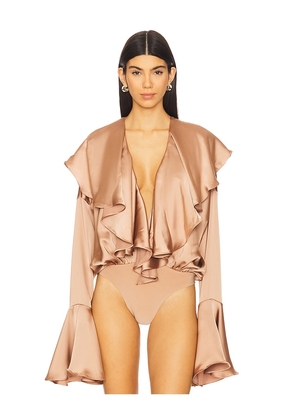 Norma Kamali Long Sleeve Ruffle Bodysuit in Tan. Size M. Also in S, XS.