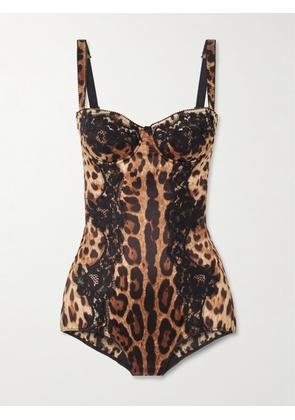 Dolce & Gabbana - Lace-trimmed Leopard-print Silk-blend Satin Bodysuit - Animal print - 3B,1B,4B,2B,5B