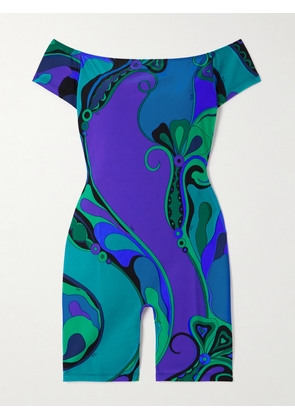 PUCCI - Orchidee Off-the-shoulder Printed Satin-jersey Playsuit - Blue - x small,small,medium,large,x large