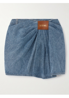 LOEWE - Leather-trimmed Draped Denim Mini Skirt - Blue - FR 36,FR 38,FR 40,FR 42,FR 44
