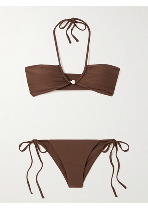 Sara Cristina - Bahia Pearl-embellished Stretch-econyl® Halterneck Bikini - Brown - x small,small,medium,large,x large