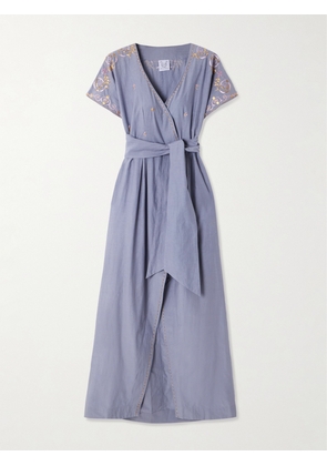 Thierry Colson - Embellished Embroidered Cotton And Silk-blend Maxi Wrap Dress - Blue - x small,small,medium,large,x large