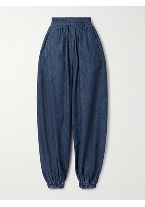 Valentino Garavani - Tasseled Embroidered Chambray Tapered Pants - Blue - IT36,IT38,IT40,IT42,IT44,IT46,IT48,IT50