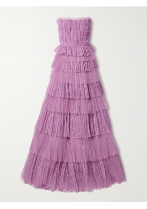Costarellos - Trissa Strapless Tiered Plissé-tulle And Chantilly Lace Gown - Purple - FR 34,FR 36,FR 38,FR 40,FR 42