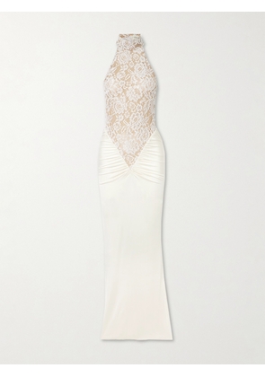 The New Arrivals Ilkyaz Ozel - Cass Gathered Lace-trimmed Satin-jersey Halterneck Gown - White - FR 34,FR 36,FR 38,FR 40,FR 42