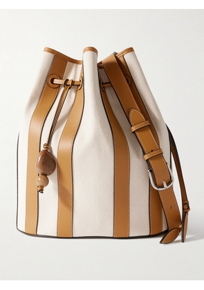 Hunting Season - Extra Large Drawstring Leather-trimmed Striped Canvas Bucket Bag - Brown - One size