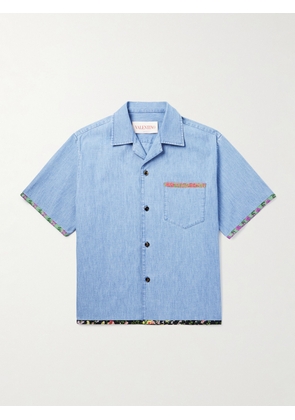 Valentino Garavani - Camp-Collar Floral-Trimmed Denim Shirt - Men - Blue - IT 46