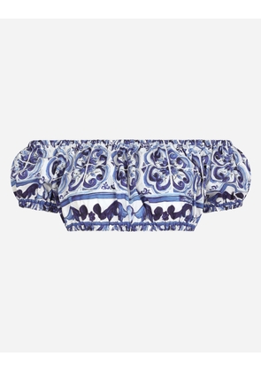 Dolce & Gabbana Cotton Poplin Crop Top With Majolica Print - Woman Shirts And Tops Blue Cotton 44