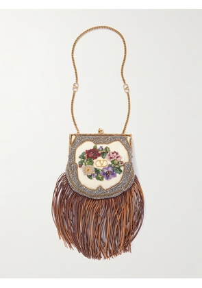 Valentino Garavani - Nellcôte Small Fringed Suede-trimmed Embellished Embroidered Twill Shoulder Bag - Multi - One size