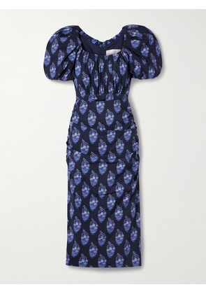 Carolina Herrera - Gathered Floral-print Cotton-blend Poplin Midi Dress - Blue - US0,US2,US4,US6,US8,US10