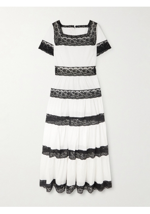 Loretta Caponi - Tiered Lace-trimmed Cotton-poplin Midi Dress - White - x small,small,medium,large,x large