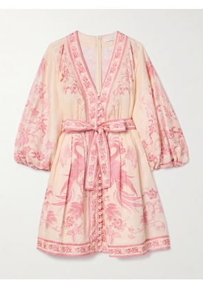 Zimmermann - Lucky Belted Printed Linen Mini Dress - Pink - 00,1,2,3,4